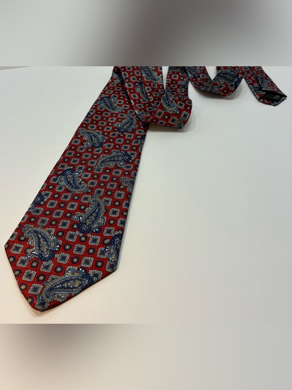 David Taylor Red Paisley Tie with Navy and Gold Accents